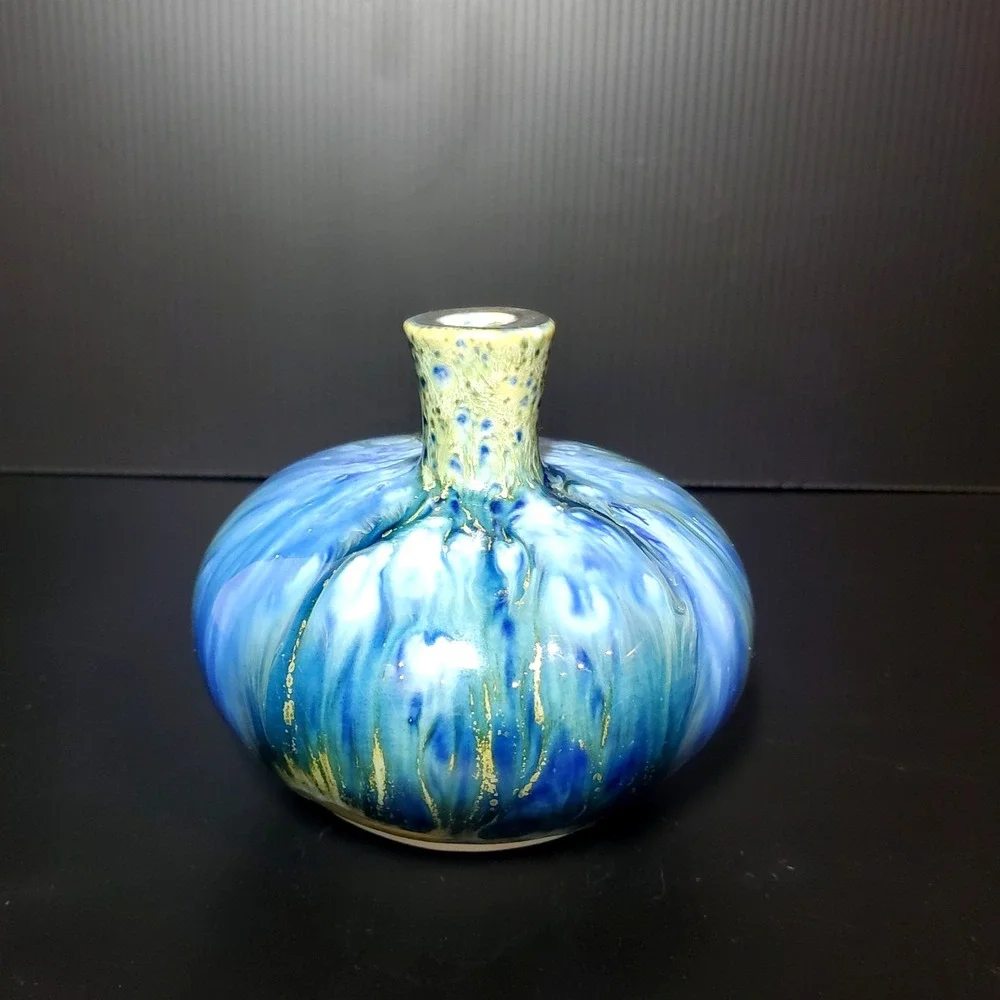 Blue and green glazed ceramic studio pottery vase small double bulbous bud‎ vase
